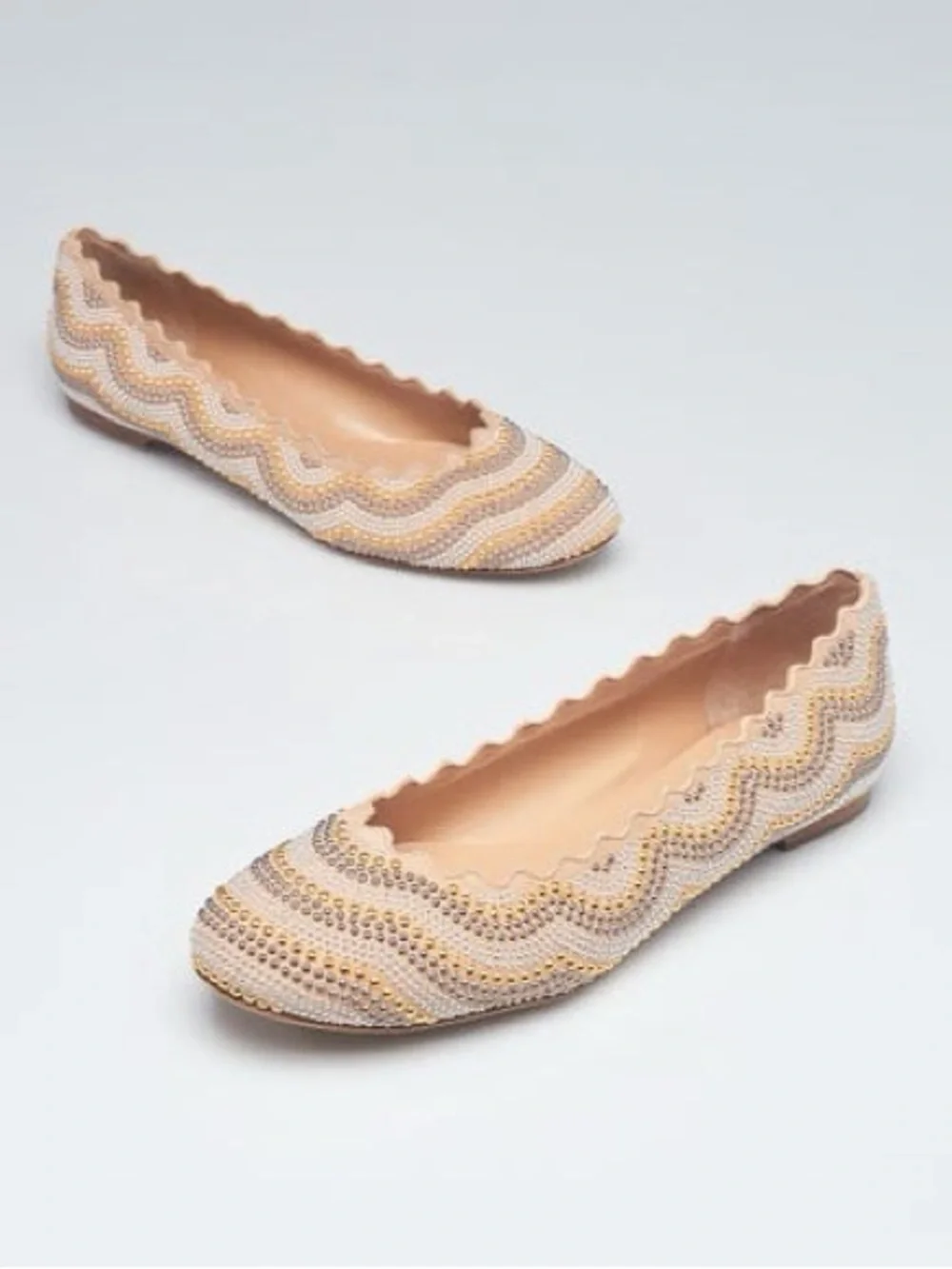 Chloe Beige Suede Studded Scalloped Lauren Ballet Flats